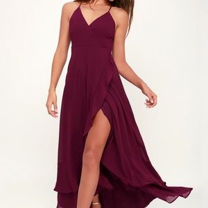 Burgundy In-Love Lace up High Low Maxi Dress